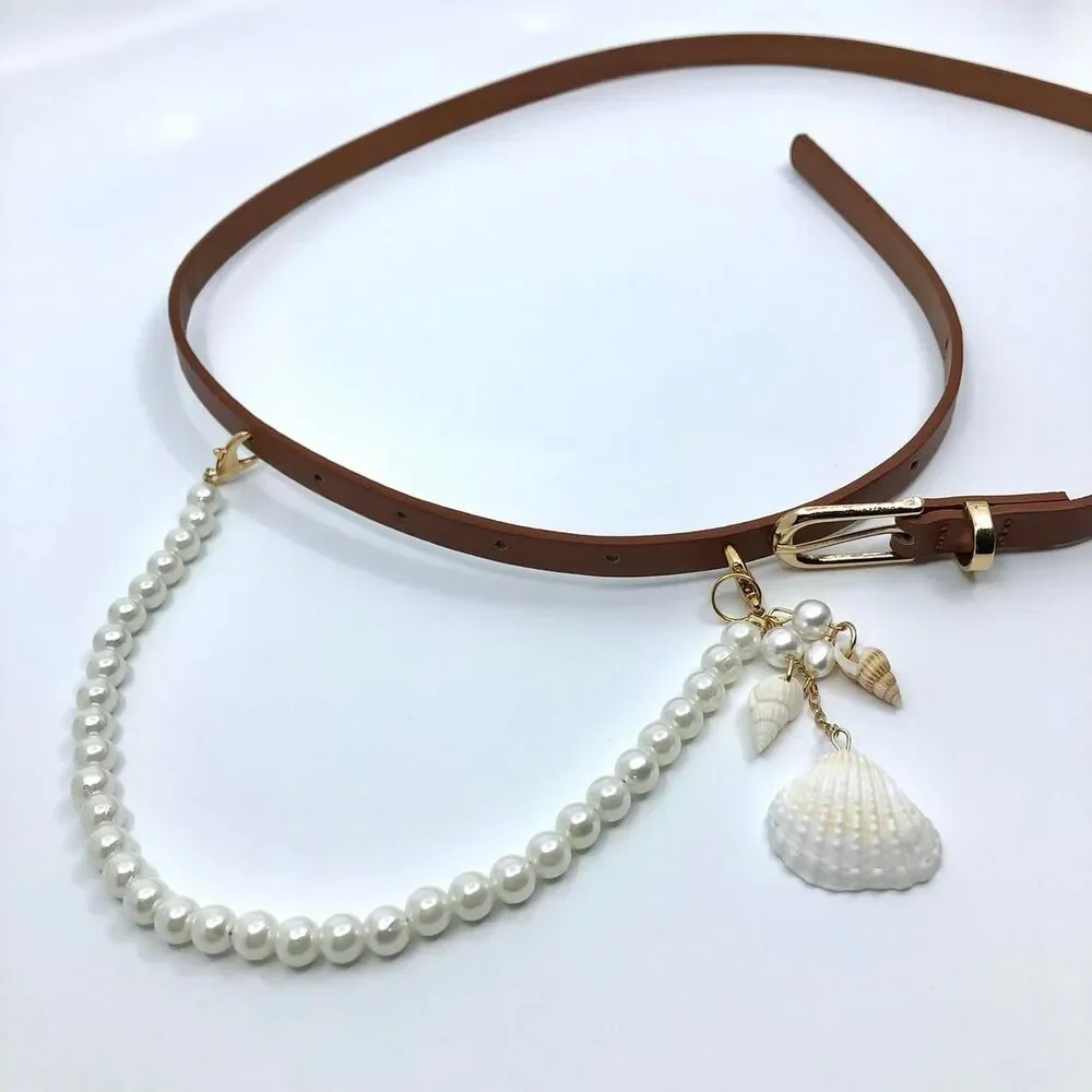 Mermaidcore Brown Faux Leather Pearl Shell Belt, Fits 32.5–35 Inches, X7GA1230